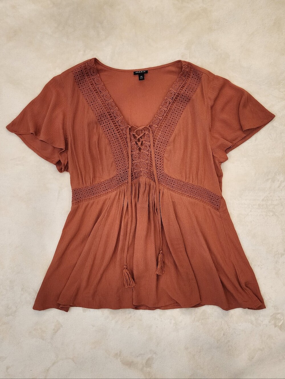 Rust Orange Boho Lace-Up Crochet Trim Babydoll Top w Flutter Sleeves Cottagecore